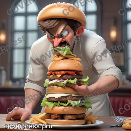 В стиле 3D-Мультфильм: бургер вырос в огромную, неустойчивую башню