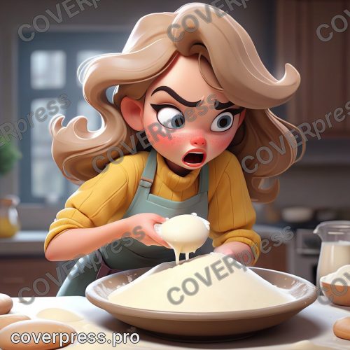 В стиле 3D-Мультфильм: девочка-подросток, сфокусированный взгляд, на её лице несколько мучных пятен
