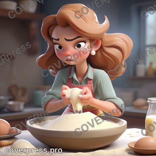 В стиле 3D-Мультфильм: девочка-подросток, сфокусированный взгляд, на её лице несколько мучных пятен