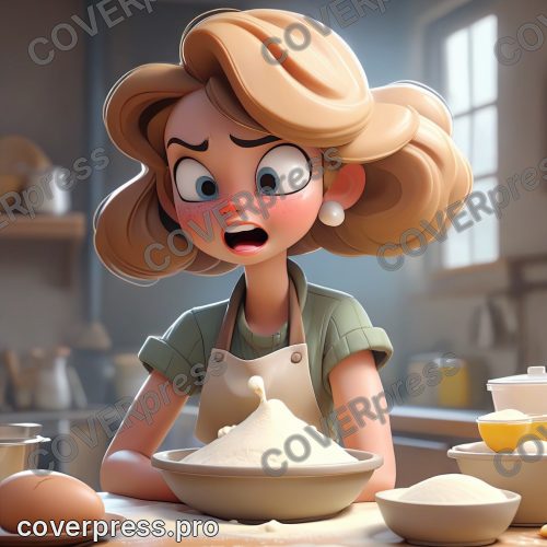 В стиле 3D-Мультфильм: девочка-подросток, сфокусированный взгляд, на её лице несколько мучных пятен