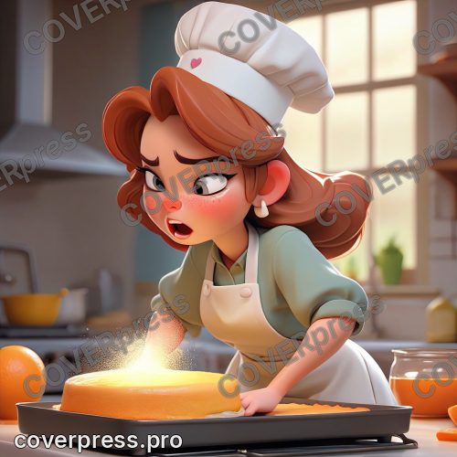 В стиле 3D-Мультфильм: девочка с раскрасневшимися щеками, в поварском колпаке, осторожно ставит противень