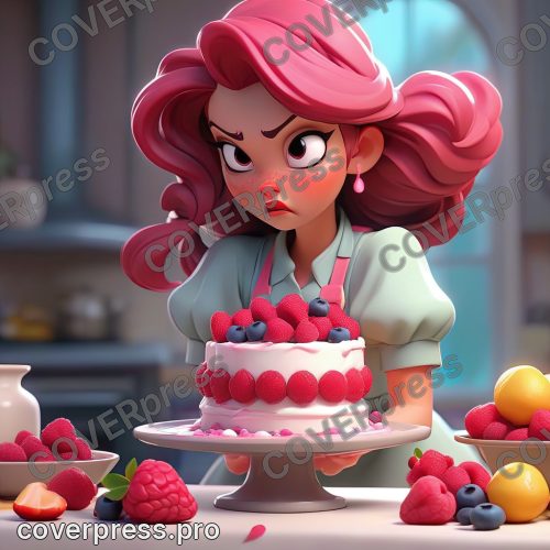 В стиле 3D-Мультфильм: девочка, слегка вспотевшая, но с решительным выражением лица, сосредоточенно украшает