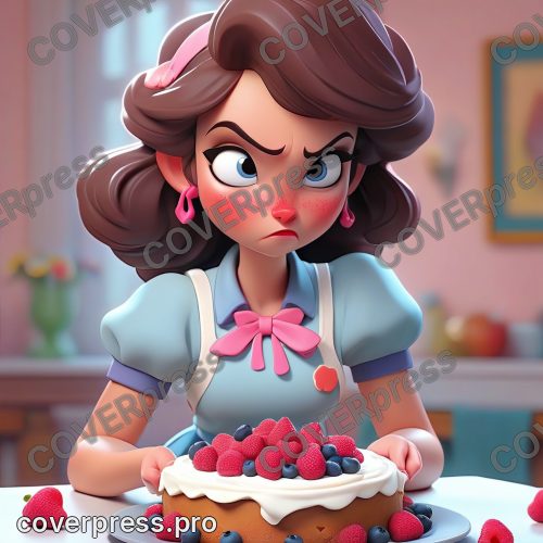В стиле 3D-Мультфильм: девочка, слегка вспотевшая, но с решительным выражением лица, сосредоточенно украшает