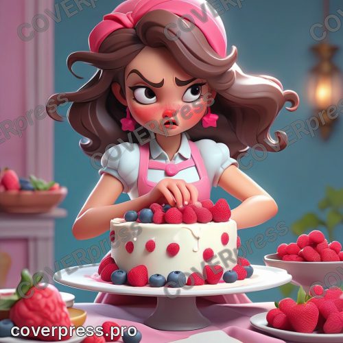 В стиле 3D-Мультфильм: девочка, слегка вспотевшая, но с решительным выражением лица, сосредоточенно украшает