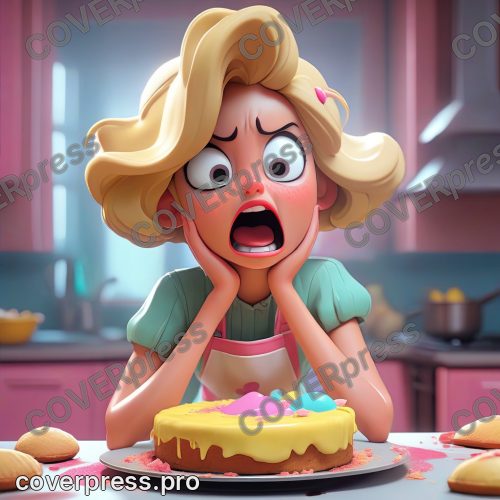 В стиле 3D-Мультфильм: девочка в ужасе смотрит на только что вынутый из духовки бисквит, который значительно