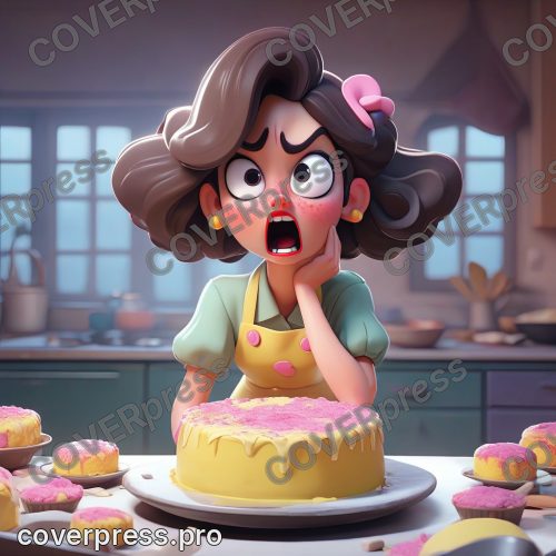 В стиле 3D-Мультфильм: девочка в ужасе смотрит на только что вынутый из духовки бисквит, который значительно