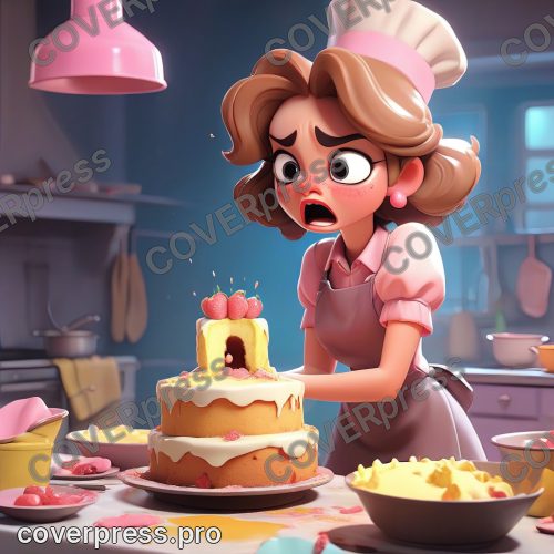 В стиле 3D-Мультфильм: девочка в ужасе смотрит на только что вынутый из духовки бисквит, который значительно
