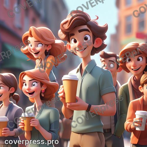 В стиле 3D-Мультфильм: длинная, но динамичная очередь из молодых, довольных и энергичных людей, каждый