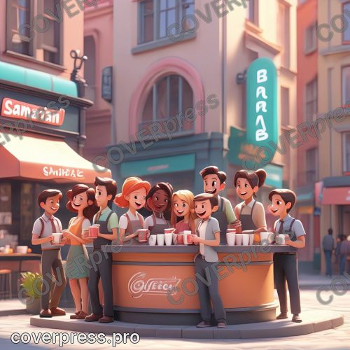 В стиле 3D-Мультфильм: длинная, но динамичная очередь из молодых, довольных и энергичных людей, каждый