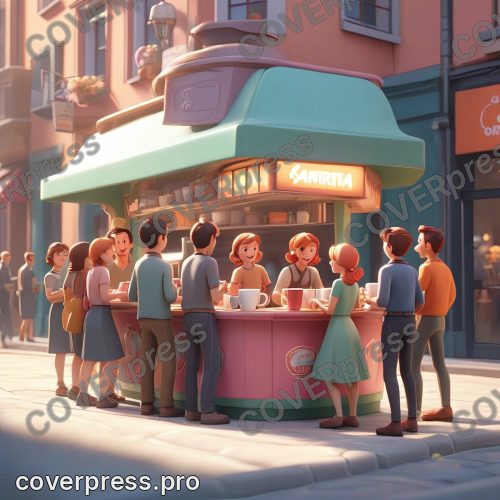 В стиле 3D-Мультфильм: длинная, но динамичная очередь из молодых, довольных и энергичных людей, каждый