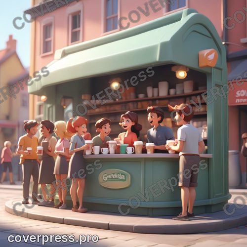 В стиле 3D-Мультфильм: длинная, но динамичная очередь из молодых, довольных и энергичных людей, каждый