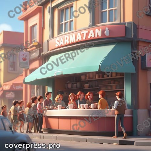 В стиле 3D-Мультфильм: длинная, но динамичная очередь из молодых, довольных и энергичных людей, каждый