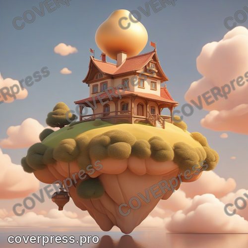 В стиле 3D-Мультфильм: домик на летающем острове в облаках
