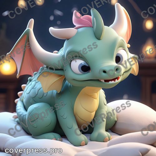 В стиле 3D-Мультфильм: дракончик глубоко спит, прижавшись к своей подушке-облаку