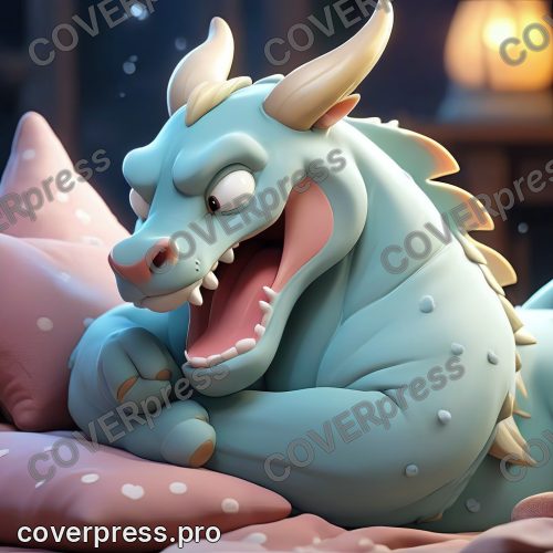 В стиле 3D-Мультфильм: дракончик глубоко спит, прижавшись к своей подушке-облаку