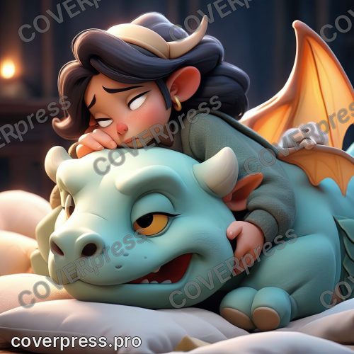 В стиле 3D-Мультфильм: дракончик глубоко спит, прижавшись к своей подушке-облаку