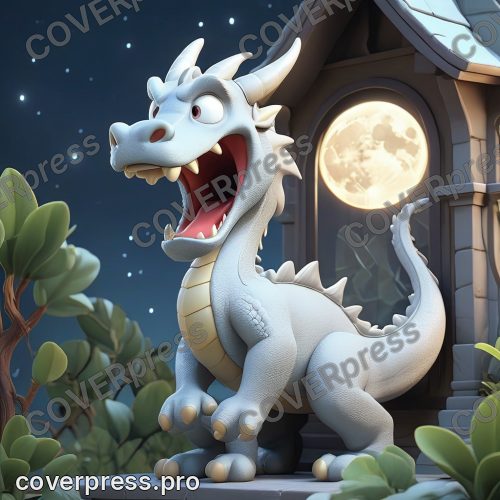 В стиле 3D-Мультфильм: дракончик и светлячок подходят к большому арочному окну