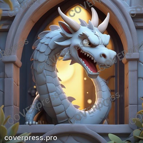 В стиле 3D-Мультфильм: дракончик и светлячок подходят к большому арочному окну
