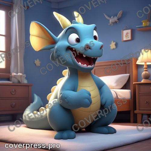 В стиле 3D-Мультфильм: дракончик осторожно спускается с кровати, следуя за маленьким, мерцающим светлячком