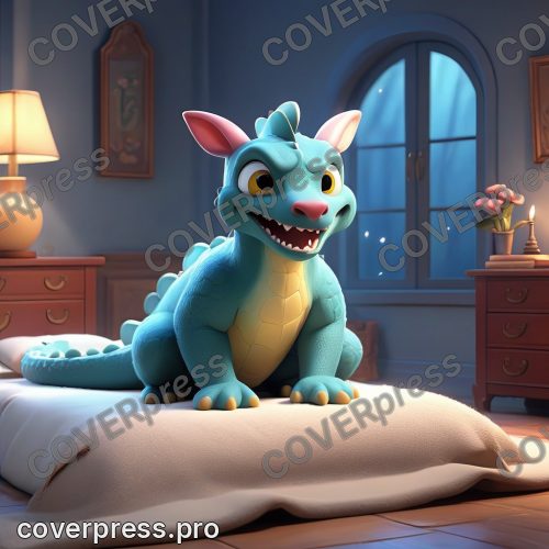 В стиле 3D-Мультфильм: дракончик осторожно спускается с кровати, следуя за маленьким, мерцающим светлячком