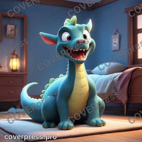 В стиле 3D-Мультфильм: дракончик осторожно спускается с кровати, следуя за маленьким, мерцающим светлячком