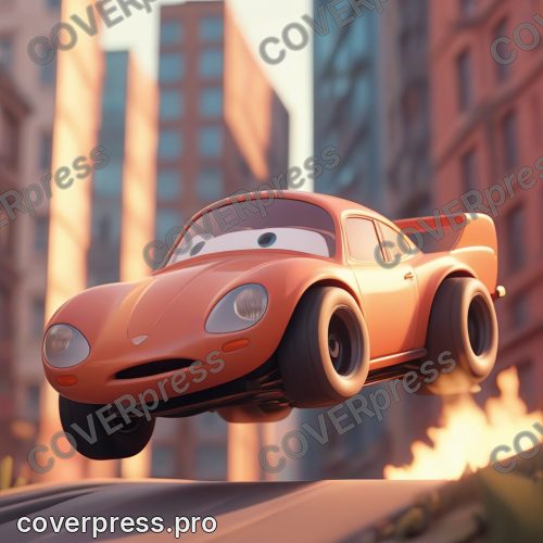 В стиле 3D-Мультфильм: гоночная машинка прыгает с трамплина в камеру