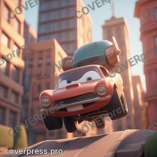 В стиле 3D-Мультфильм: гоночная машинка прыгает с трамплина в камеру
