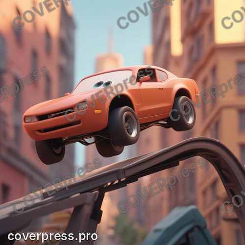 В стиле 3D-Мультфильм: гоночная машинка прыгает с трамплина в камеру