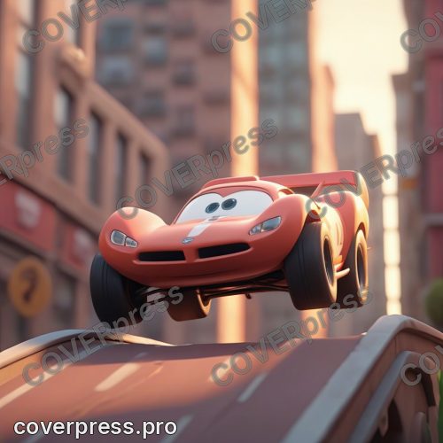 В стиле 3D-Мультфильм: гоночная машинка прыгает с трамплина в камеру