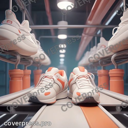 В стиле 3D-Мультфильм: готовая пара кроссовок, уже со шнурками, стоит на конвейерной ленте