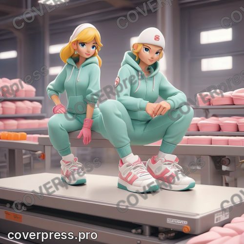 В стиле 3D-Мультфильм: готовая пара кроссовок, уже со шнурками, стоит на конвейерной ленте