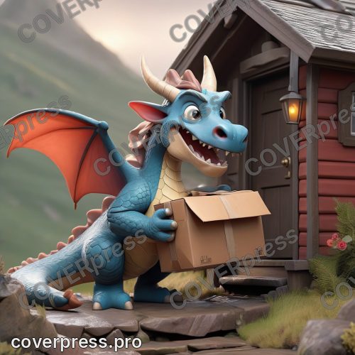 В стиле 3D-Мультфильм: измученный, но гордый дракончик-почтальон стоит на пороге уютного домика, примостившегося