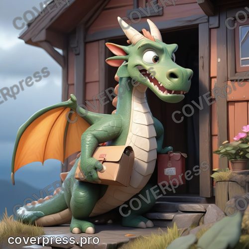 В стиле 3D-Мультфильм: измученный, но гордый дракончик-почтальон стоит на пороге уютного домика, примостившегося