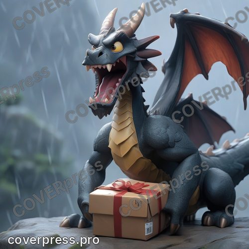 В стиле 3D-Мультфильм: лапа дракончика с острыми коготками в последний момент цепляется за край посылки, которая