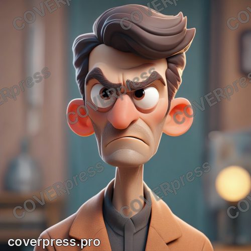 В стиле 3D-Мультфильм: лицо по плечи, сдержанная улыбка, взгляд чётко в сторону, на лбу капли пота ловят