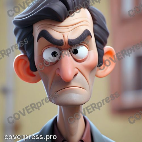В стиле 3D-Мультфильм: лицо по плечи, сдержанная улыбка, взгляд чётко в сторону, на лбу капли пота ловят