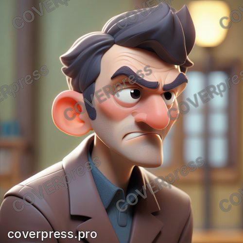 В стиле 3D-Мультфильм: лицо по плечи, сдержанная улыбка, взгляд чётко в сторону, на лбу капли пота ловят