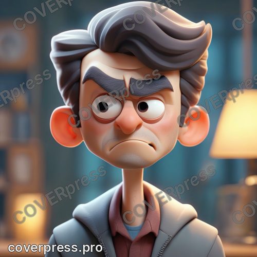 В стиле 3D-Мультфильм: лицо по плечи, сдержанная улыбка, взгляд чётко в сторону, на лбу капли пота ловят