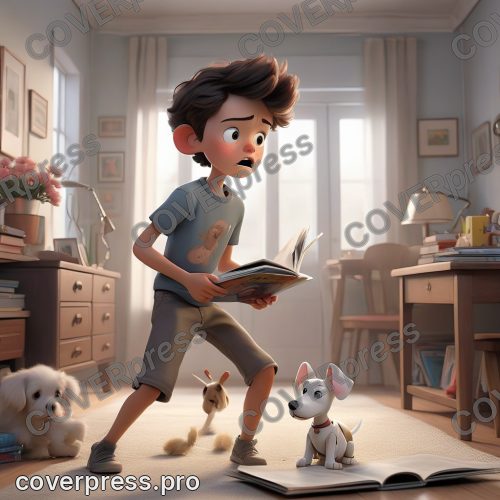 В стиле 3D-Мультфильм: мальчик гонится за щенком-роботом по комнате