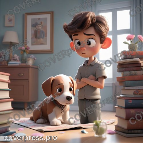 В стиле 3D-Мультфильм: мальчик гонится за щенком-роботом по комнате