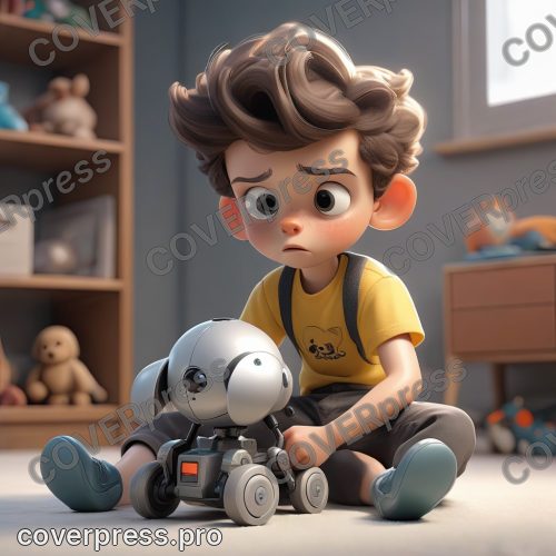 В стиле 3D-Мультфильм: мальчик сидит на полу, скрестив ноги, и с трудом удерживает на руках извивающегося