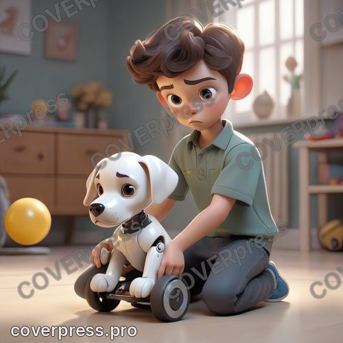 В стиле 3D-Мультфильм: мальчик сидит на полу, скрестив ноги, и с трудом удерживает на руках извивающегося