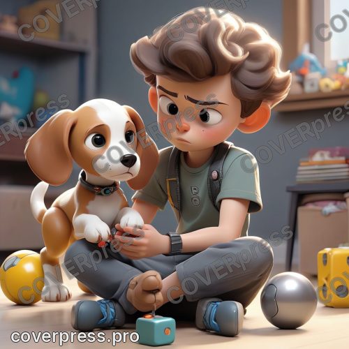 В стиле 3D-Мультфильм: мальчик сидит на полу, скрестив ноги, и с трудом удерживает на руках извивающегося