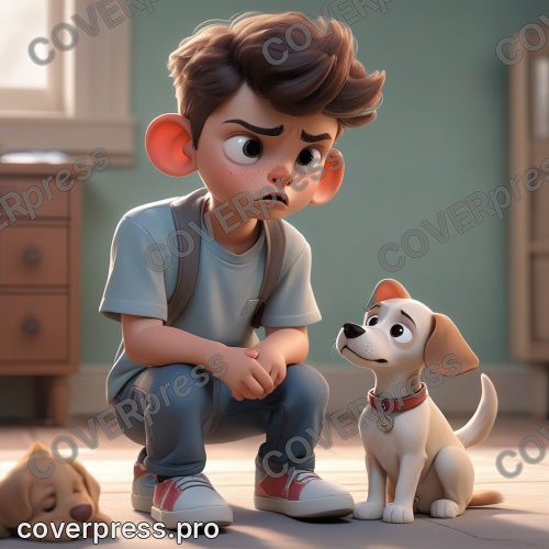 В стиле 3D-Мультфильм: мальчик, запыхавшийся, присел на корточки и смотрит на щенка, который стоит в нескольких