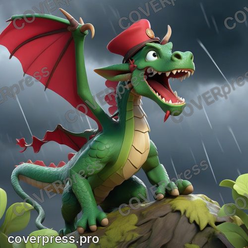 В стиле 3D-Мультфильм: маленький, ярко-зеленый дракончик-почтальон, с кожаным ранцем за спиной, тяжело машет