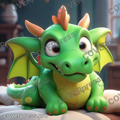 В стиле 3D-Мультфильм: маленький, ярко-зеленый дракончик с большими, блестящими глазами ворочается на своей