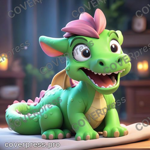 В стиле 3D-Мультфильм: маленький, ярко-зеленый дракончик с большими, блестящими глазами ворочается на своей