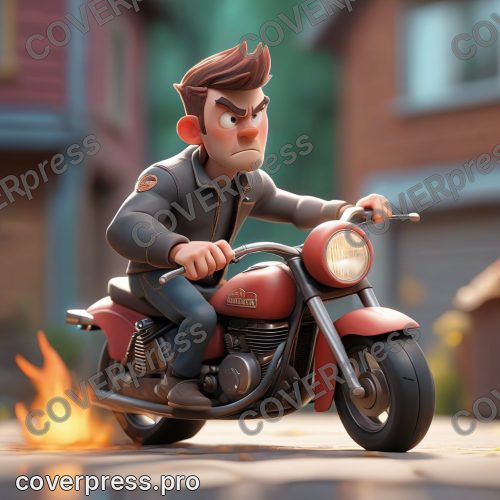 В стиле 3D-Мультфильм: масляные пятна на полу, силуэт мотоцикла в боке
