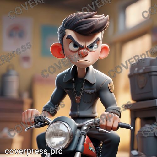 В стиле 3D-Мультфильм: масляные пятна на полу, силуэт мотоцикла в боке
