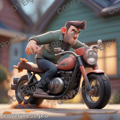 В стиле 3D-Мультфильм: масляные пятна на полу, силуэт мотоцикла в боке
